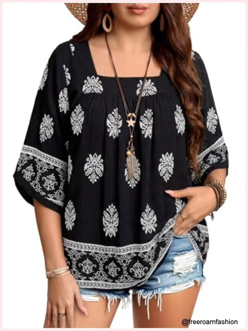 Plus Size Boho Peasant Blouse Square Neck 3/4 Sleeve Chiffon Tunic Top